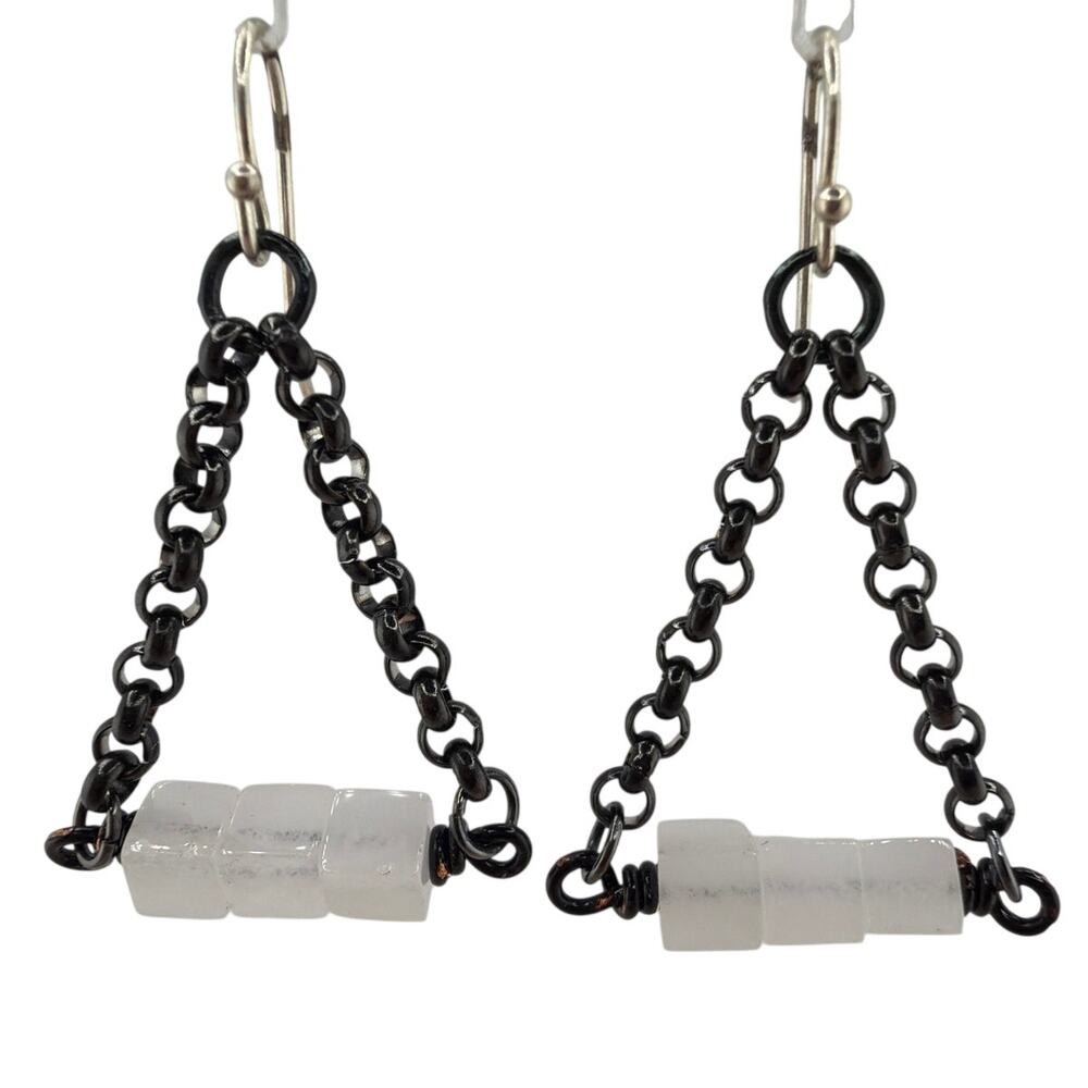 Artisan Handcrafted Triangular White Jade Swing Chain Dangle Earrings